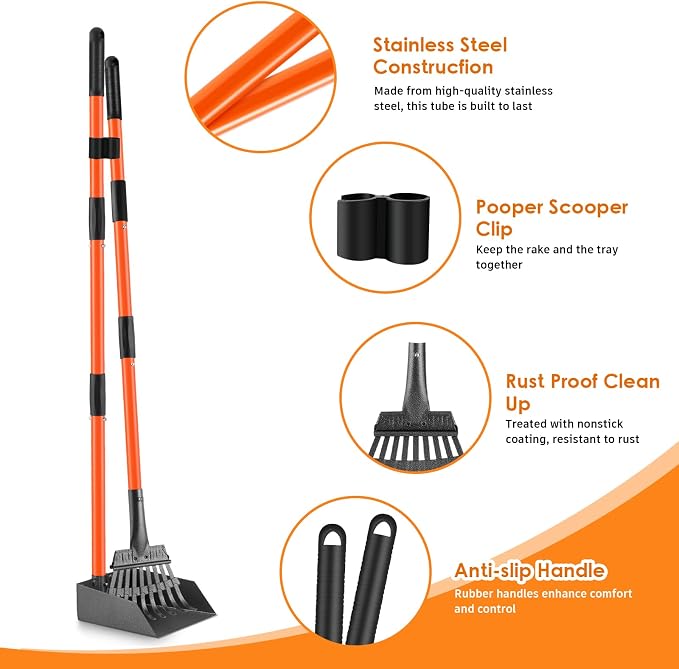 Pooper Scooper, Long Handle Dog Poop Scooper for Medium Small Dogs | Heavy Duty, Pet Supplies Metal Tray Rake, Stainless Steel, Rust-Resistant, 37"+ Handle No Bending, Use on Grass Dirt Gravel