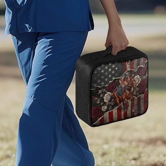 Rnyleeg Retro American Flag Horse First Aid Kit for Home Run for The Roses First Aid Bags Empty Medical Supply Bag for Office Car Camping Hiking