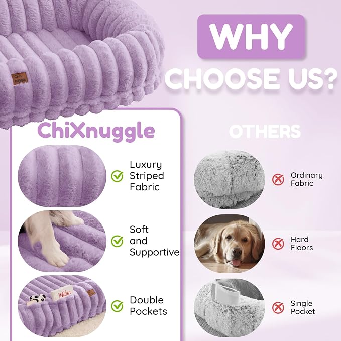 ChiXnuggle Orthopedic Human Dog Bed,Striped Faux Fur Washable Cover,Blanket | purple,72*40*10,giant dog bed for adult or extra large dogs,egg crate foam,non-slip bottom
