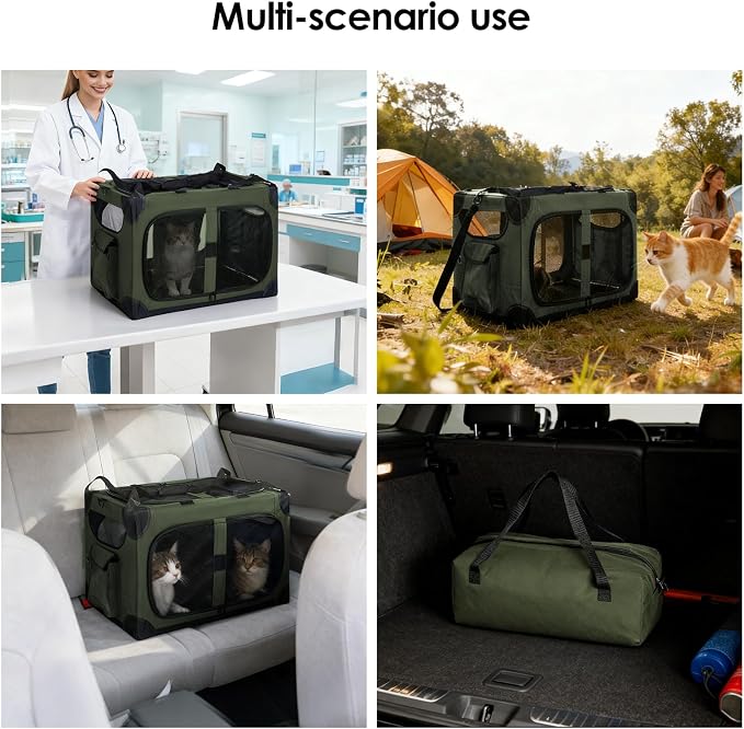Extra Large 2-Cat Foldable Pet Travel Carrier,24"x17"x17",Green | Removable Divider, Metal Frame Support, Breathable Mesh Panels, With Storage Tote & Padded Straps
