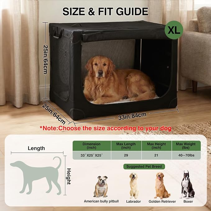 33 x 25 x 25 Inch Collapsible Soft Dog Crate for Dogs Up to 70 lbs, Portable Travel Pet Kennel with 4 Zip Doors, Foldable Indoor Outdoor Crate with Mat, Carry Bag, Black