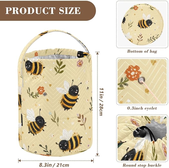 Tatenale Crochet Bag Yarn Bag Knitting Project Bag with Pockets and Handle Portable Yarn Storage Organizer Tangle Free 8.3x11 InchLight Yellow Bees Flowers Dots24