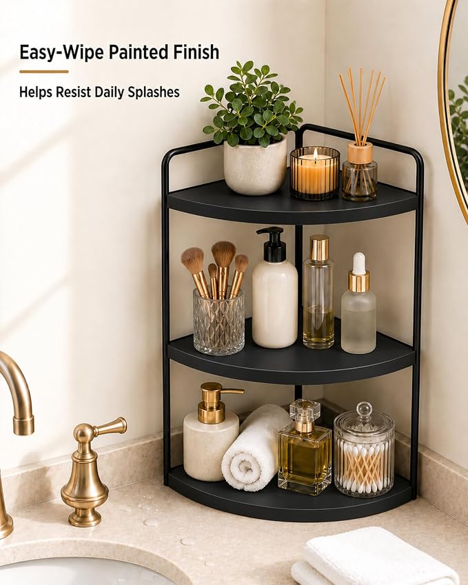 3-Tier Corner Bathroom Counter Organizer, Solid Pine Vanity Shelf, Black | Solid pine 3-tier corner shelf with 6.3 in clearance for tall bottles in bathroom, vanity, kitchen, or coffee bar.