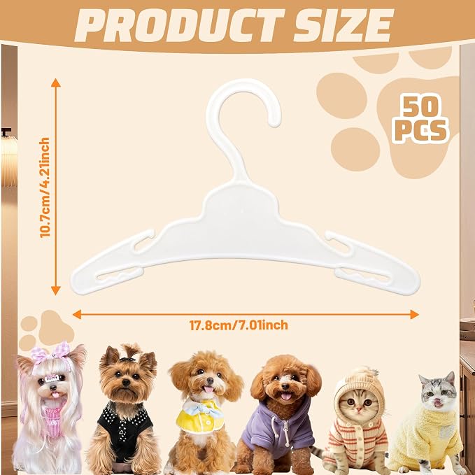 50 Pack Dog Clothes Hangers 7 Inch Non-Slip Pet Clothes Hangers Plastic | Dog Clothing Hangers for Organizing Apparels Puppy Drying Racks for Small Pet Cat Dolls, White