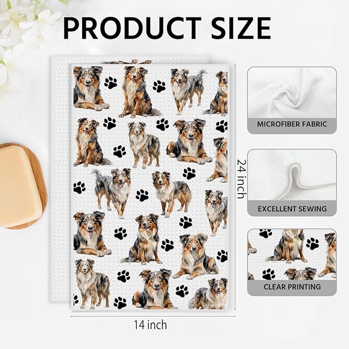 Australian Shepherd Waffle Weave Kitchen Towels, Quick Dry Multipurpose Hand Towels for Bathroom, Absorbent Reusable Cloth Tea Dish Towels for Home Decor, Dog Lover Gift Towel Set of 2
