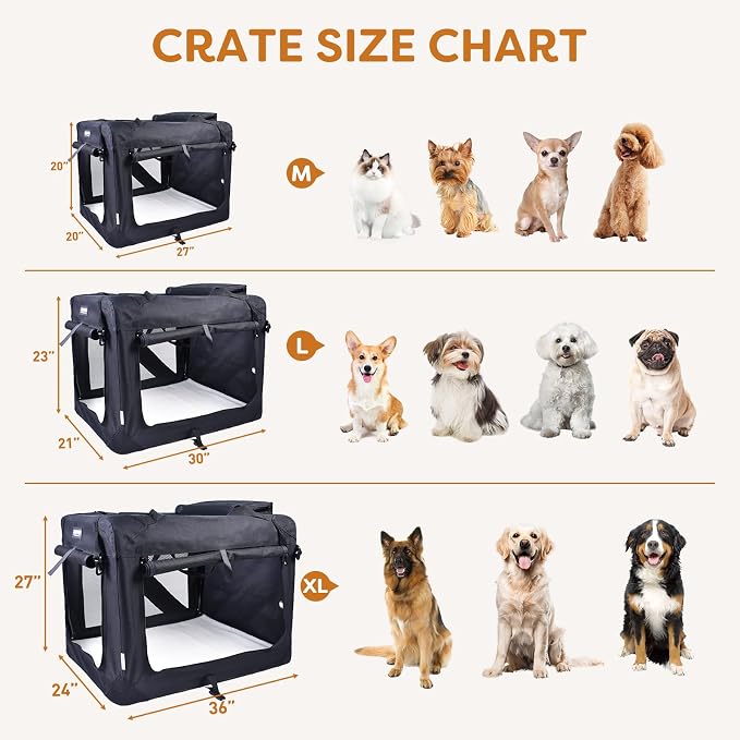 Jespet 3 Door Soft Dog Crates Kennel for Pets, Folding Travel Pet Carrier | 3 Mesh Doors 30'' Dog House, Large Pocket, Easy to Install, Steel Frame, Removable Crate Pad, For Indoor & Outdoor