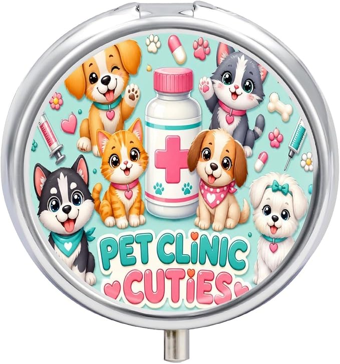 Cute Pet Clinic Playtime Party Round Pill Box with 3 Compartments, Portable Travel Pill Organizer with Spring Snap Closure for Vitamins Supplements Fish Oil