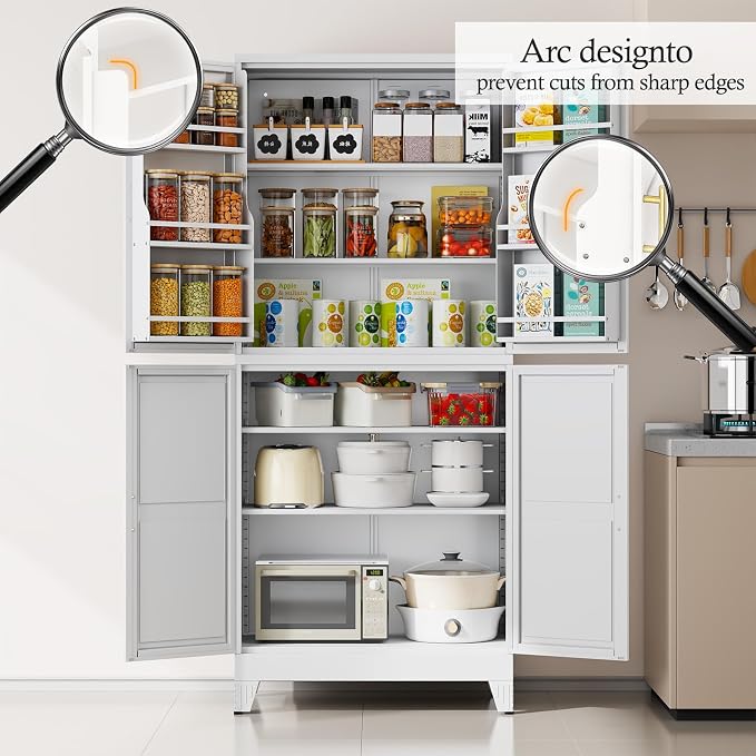 White Kitchen Pantry Storage Cabinet, 75" Metal Storage Cabinet | Steel Storage with Doors and 3 Adjustable Shelves, Metal Freestanding Buffet Cupboards Sideboard, for Office, Home, School