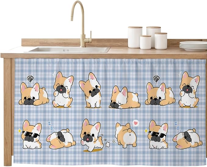 Cute Puppy Sink Skirt for Bathroom, Self-Adhesive Under Sink Curtain, Blue Purple Plaid Modern Funny Dogs Pet Hide Pipes & Storage Fabric Cabinet Skirt Cover for Kitchen Laundry 32"x55"
