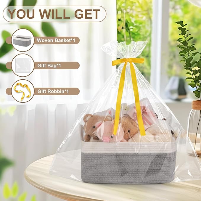 OIAHOMY 19L Woven Basket, Gift Basket Empty with Gift Bags and Ribbons, Rope Baskets for Baby Showers, Storage Baskets with Handles for Nursery, Pet Toy Organizer - Grey & White
