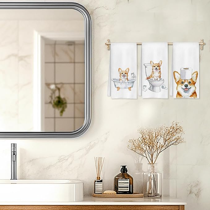 Funny Corgi Bathroom Hand Towels Set of 3, Corgi Decor Hand Towels for Bathroom, Corgi Gifts for Corgi Lovers Kids, Corgi Mom Gifts, Kids Bathroom Decor, Dog Bathroom Decor, 16x24 Inch