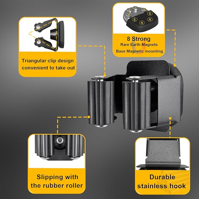 Upgraded Magnetic Broom and Mop Holder Wall Mount, Space-Saving Heavy Duty No Drill Over the Door Broom Gripper RV Camper Wall Organizer,Black,4 Pcs (Pack of 2)