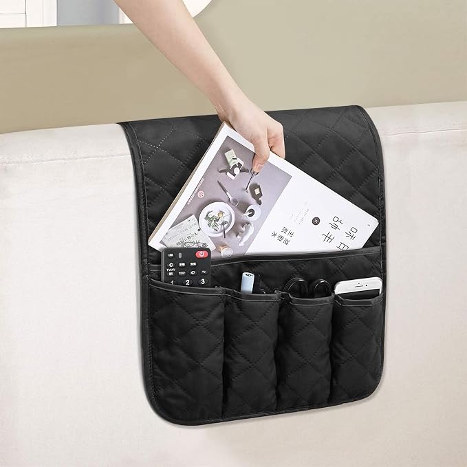 Armchair Caddy for Recliner, Non Slip Sofa Arm Organizer, Black | 5-Pocket Recliner Armrest Organizer, Couch Side Storage Holder for Remotes, Cell Phone, Magazines & Tablets, Machine Washable