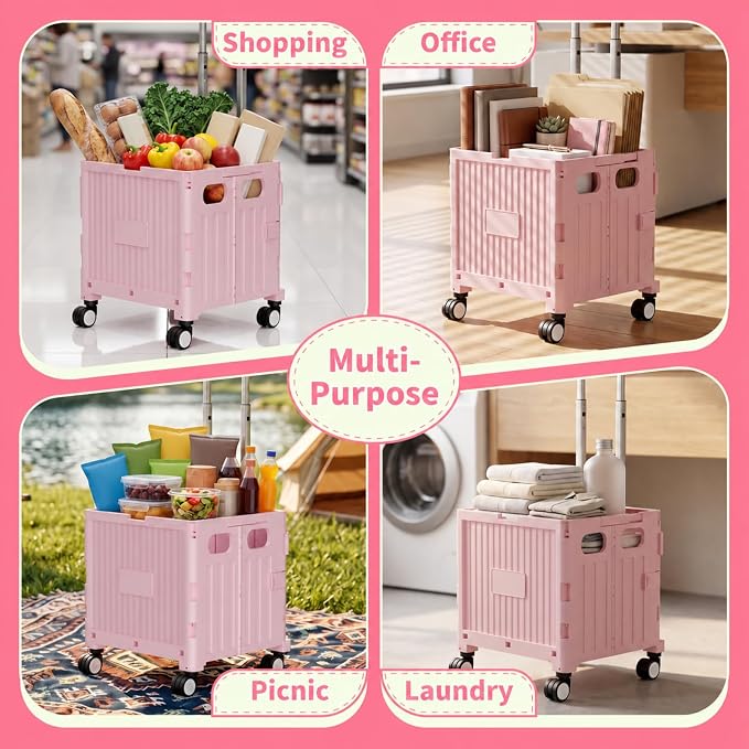 Foldable Shopping Cart with Wheels: Pink Rolling Utility Crate | Adjustable Handle, All-Terrain Wheels, Multipurpose Grocery Trolley for Teacher, Market, Office, Luggage, Laundry, Garden