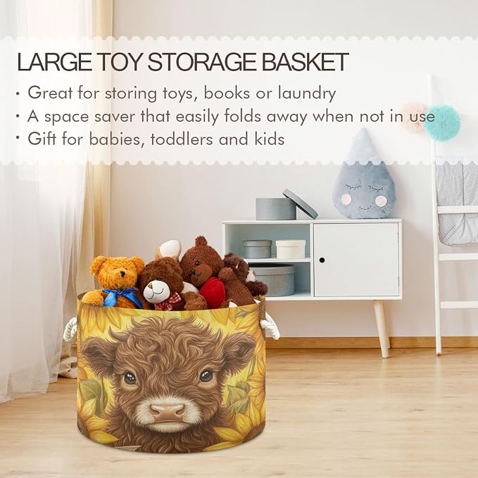 DOMIKING Large Storage Basket for Toys Cow Sunflowers Golden Storage Bin Box Kids Laundry Hamper for Laundry Hamper Kid's Room Baby & Dog Toy
