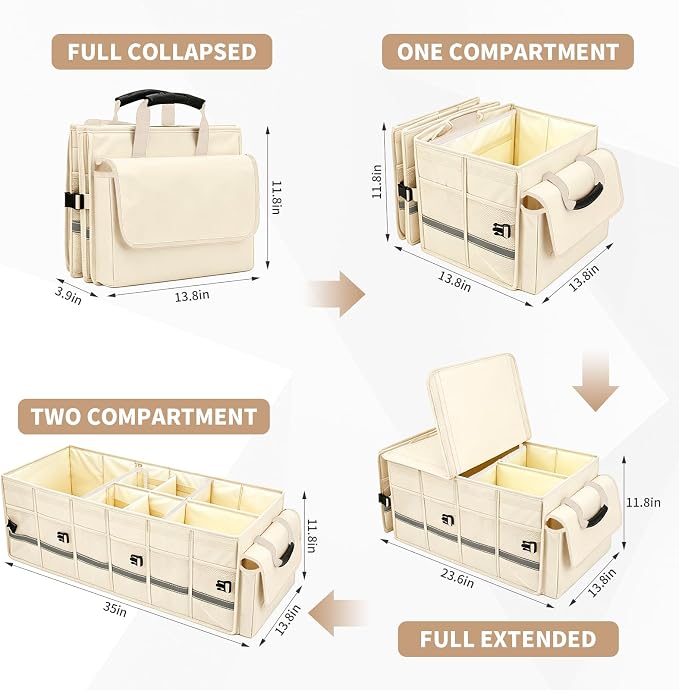 GDNasist Car Trunk Organizer and Storage for Car, SUV & Sedan, Large | Collapsible Trunk Organizers with Lid & Removable Cooler Bag, Car Accessories, Removable Dividers for Custom Space, Interior