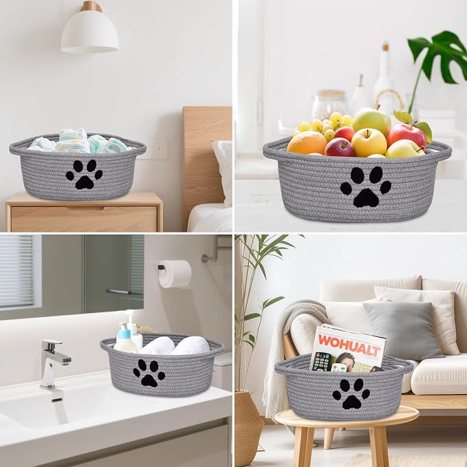 ABenkle Small Woven Basket with Handle, Cute Dog Paw Baskets for Gifts Empty, Decorative Rope Woven Storage Dog Toy Basket, Nursery Baskets for Baby Shower, 12" x 8" x 5"