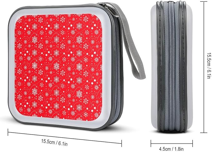 Portable CD/DVD Holder Snowflakes Christmas Red Print, 40-Capacity Hard Case with Zipper, Protective Storage Binder for Music Movies Game Discs