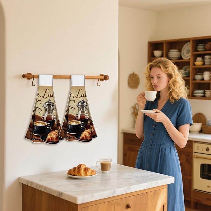 CUTHOLLOW Coffee Element Hanging Kitchen Towels with Loop, Set of 2 - Soft & Super Absorbent Microfiber Decorative Hanging Dish & Hand Towel, Tea, Coffee Towel for Kitchen Bathroom Oven Handle
