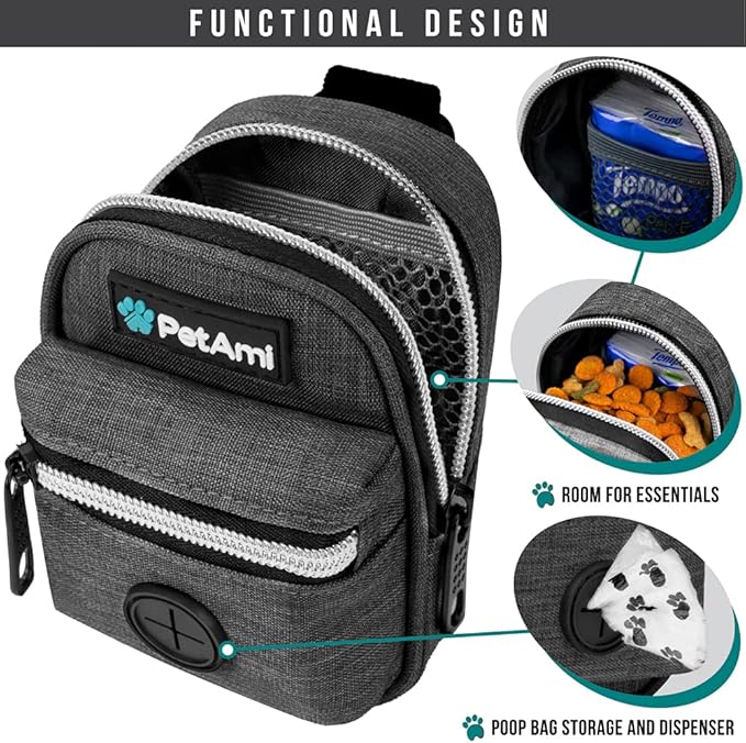 PetAmi Dog Poop Bag Holder for Leash Waste Bag Dispenser Pet Pouch Charcoal | Doggy Puppy Walking Accessories Travel Camping, Dog Treat Pouch Supplies Must Have, Doggie Poo, Jogging, Walks