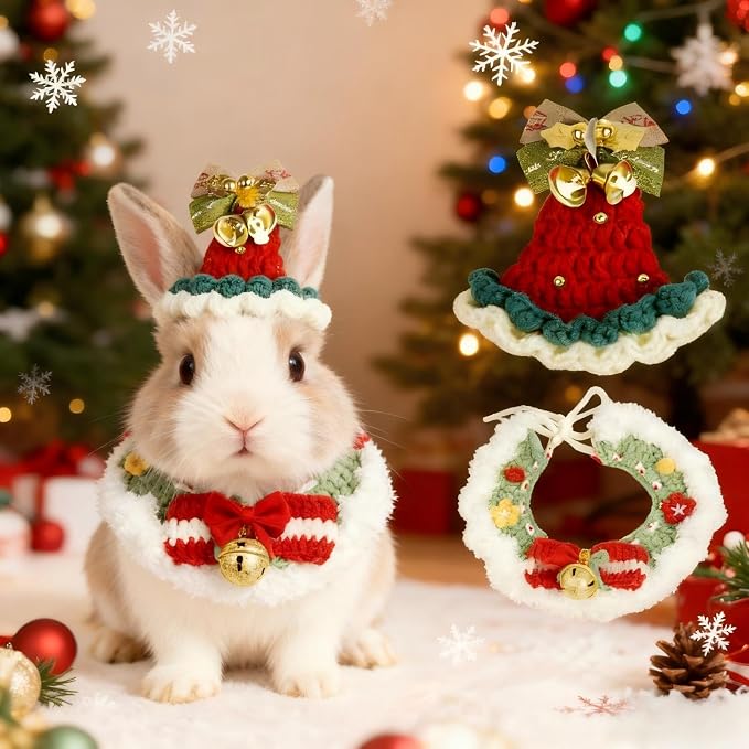 Christmas Dog Costume, Handmade Cat Holiday Outfit with Christmas Tree Hat & Wreath Scarf Set, Adjustable,Lightweight & Breathable,Pet Accessories for Rabbits Xmas Party & Photos