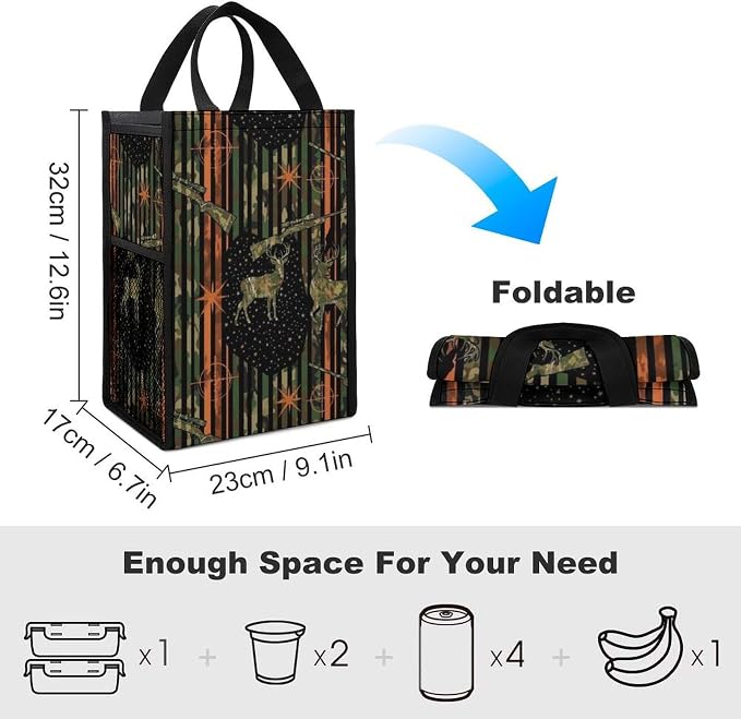 Portable Lunch Bag for Adults Reusable Thermal Lunch Totes Compatible with Camouflage Fall Hunting Deer Camo American Flag Insulated Lunchbox Food Containers Organizer