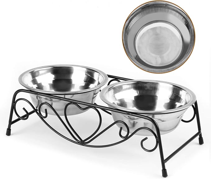 Dog & Cat Bowl Stand with 2 Stainless Steel Bowls, 3.4 Inch Fixed Height | Elevated Dog Bowls for Small Dogs and Cats, Removable Food and Water Bowl Set