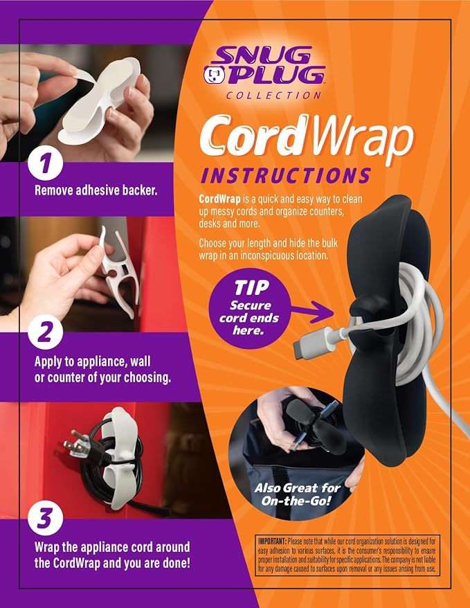 CordWrap Silicone Cord Organizer | Keeps Cords Neat | Self-Adhesive 2-Pack | Flexible silicone with a 360° wrap design keeps kitchen appliance and electronic cords neat, tangle-free, and out of sight.