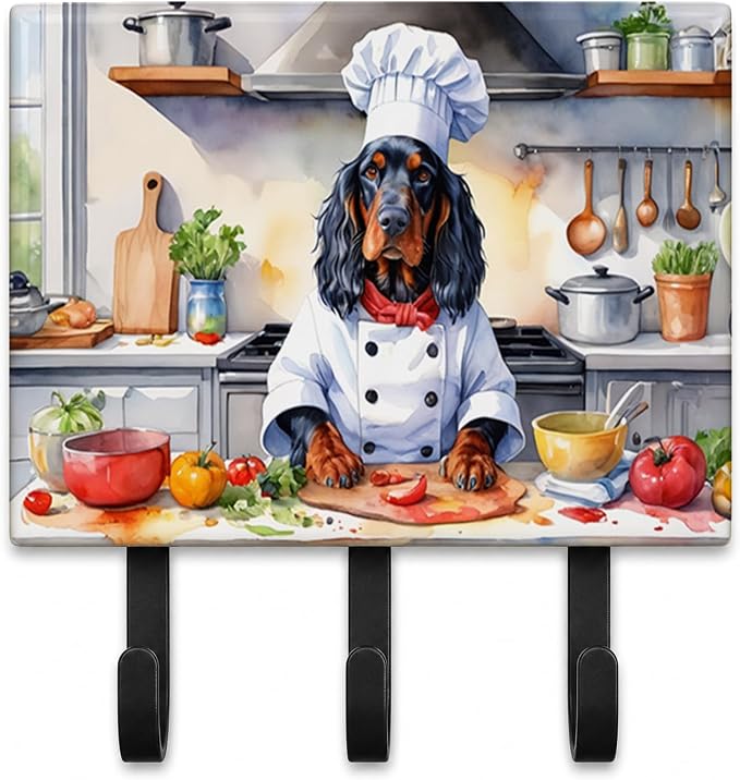 Caroline's Treasures Gordon Setter The Chef Leash or Key Holder Wall Hooks, Key Hooks Holder, Coat Rack Wall Mount, Coat Hooks, Hooks for Hanging Keys, Towels, Aprons, Leashes | Gordon Setter The Chef artwork on ceramic tile with three steel hooks for ...