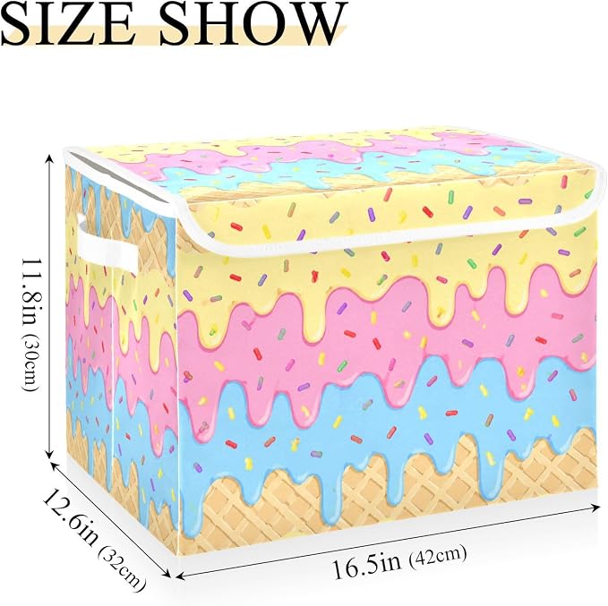 Icecream Waffle Storage Bins with Lids Closet Bedroom 40L Fabric Bin | Decorative Storage Boxes, Foldable & Stackable, Dust-Proof Flip Top, Reinforced Handles, For Home & Dorm, Clothes & Toy Box