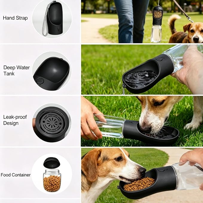 Portable Dog Water Bottle with Food Container, Drinking Bottle for Travel | 2 in 1 Dog Water Bowl, Leak Proof Pet Water Dispenser, BPA Free, Puppy Essentials, for Walking Hiking (Black,19oz)