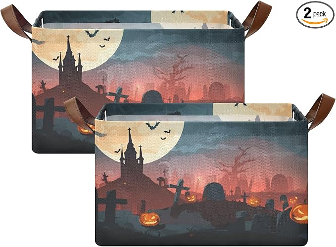 Halloween Spooky Graveyard Storage Basket Foldable Cube Storage Bins with Handles&Label Waterproof Collapsible Organizer Box Bin Large Rectangle Decorative Baskets for Shelves Home Room Laundry-2 PC