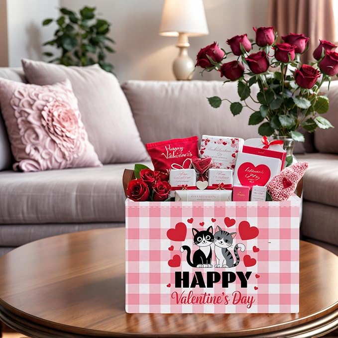 Cute Large Valentine's Day Gift Basket Empty Heart Decor Storage Bin for Kid Baby Room Décor (Pink Checkered Cat)