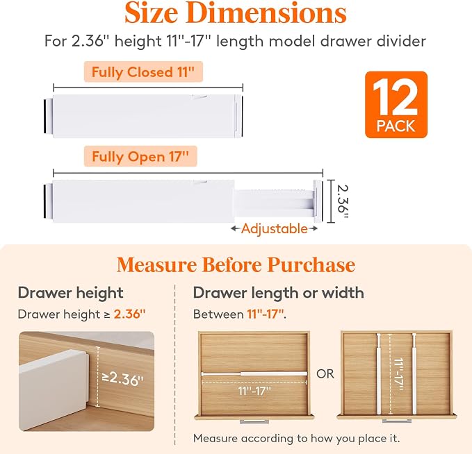 Lifewit 2.36" Upgrade Kitchen Drawer Dividers, Adjustable Drawer Organizer | 12 Pack 11"-17" Expandable White Drawer Separator for Clothes/Utensils, Dresser/Cabinet/Closet/Nursery Organization & Storage