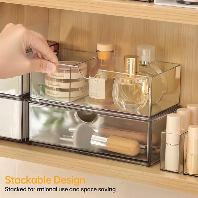 PAVSTINE Medicine Cabinet Organizer 2 Pack, Stackable Storage Drawers with Removable Divider, Make Up Organizer for Bathroom Mirror Cabinets, Vanity, Closet, Countertop - Clear