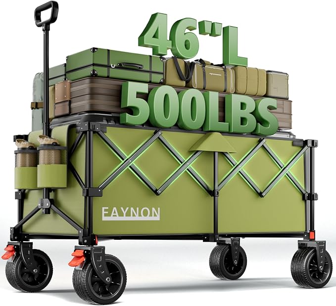 46" L Collapsible Foldable Extended Wagon, 500LB Weight Capacity with 280L Heavy Duty Folding Cart,Utility Wagon with All-Terrain Beach Wheel & Drink Holders,Green