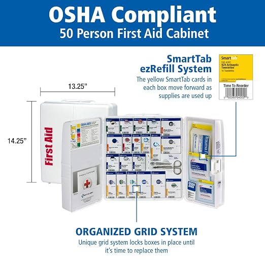 First Aid Only SmartCompliance 50-Person OSHA Compliant First Aid Kit for Business and Office Spaces - Large Plastic Cabinet - Emergency Supplies for Cuts, Bruises, and Scrapes - 245 Pieces