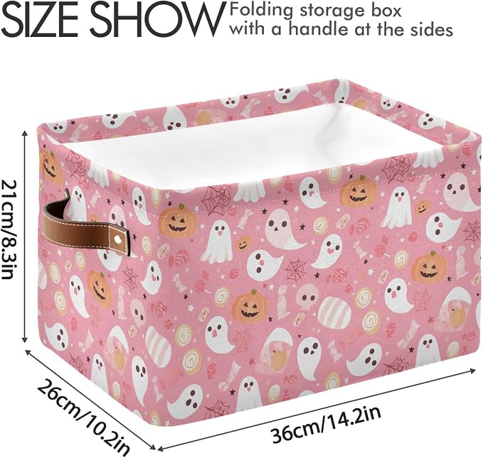 Wamika Halloween Pink Storage Basket with Waterproof Liner and PU Handles Pumpkin Ghost Candy Storage Bins Boxes 14.2" Collapsible Decorative Organizer Baskets for Bedroom Closet Office 2 Pack