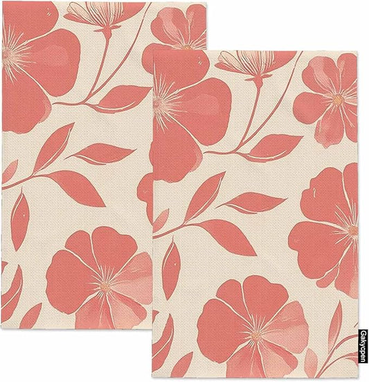 Red Floral Kitchen Towels Blossom Flowers Soft and Super Absorbent Dish Towels 2 Pack 16 X 24 Inches
