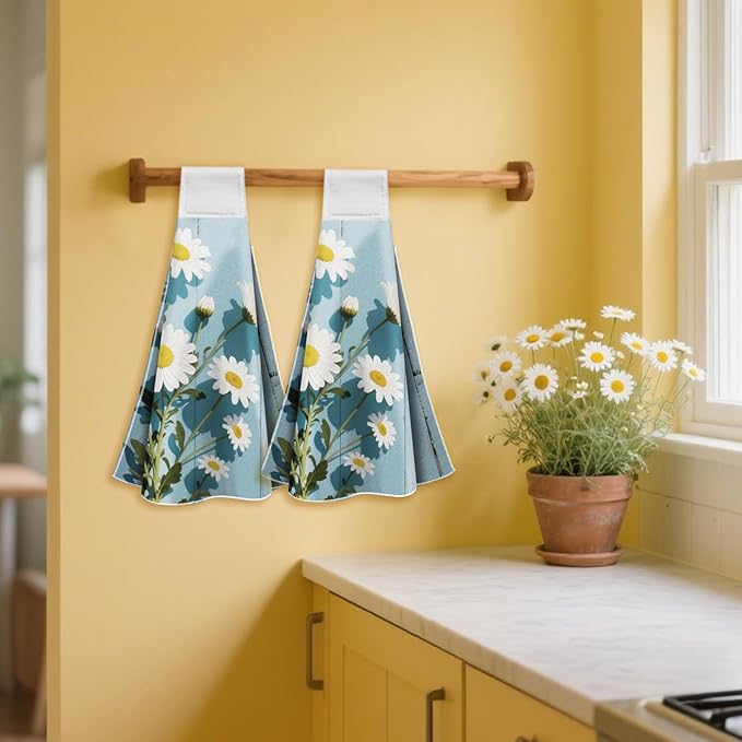 CUTHOLLOW Daisies Flowers Hanging Kitchen Towels with Loop, Set of 2 - Soft & Super Absorbent Microfiber Decorative Hanging Dish & Hand Towel, Tea, Coffee Towel for Kitchen Bathroom Oven Handle