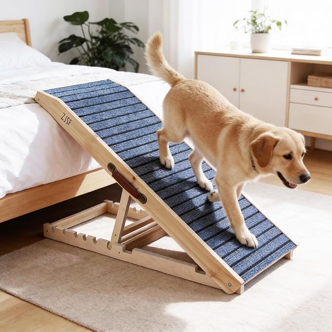 ZJSF Wooden Dog Ramp for High Bed & Couch, 40" L x 16.5" W Dog Stairs for Bed with 5 Adjustable Heights (13"-23.5"), Non-Slip Walking Surface, Portable Pet Ramp for Sofa, Car, Supports Up to 150 lbs