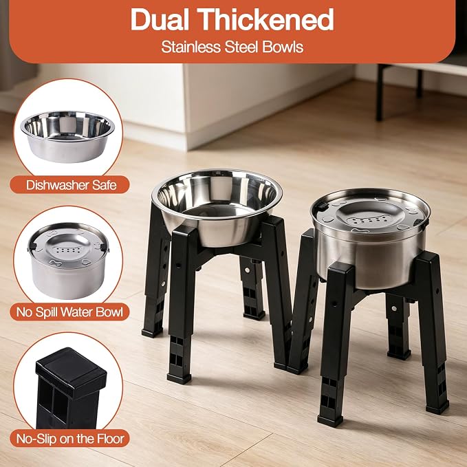 Marchul Elevated Dog Bowl with Stand, 2.5L Food Bowl and 3.3L Splash-Proof Floating Water Bowls with Large Capacity Stainless Steel, Adjustable Height & Width, Anti-Slip Stand for Medium Large Dogs