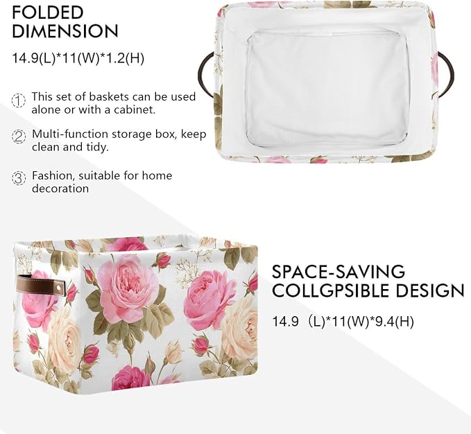 susiyo Large Foldable Storage Bin, Floral Pink Roses Fabric Storage Baskets for Shelves, Closet Organizer Bins, Decorative Baskets Clothes Storage Bin with PU Handles -2Pack
