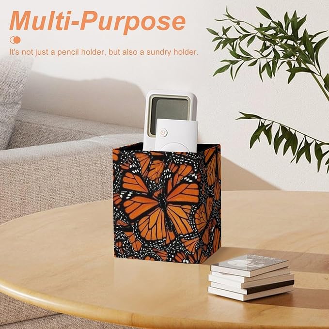Pu Leather Pens Pencils Holder Cup for Men Women Square Makeup Brush Holder Desk Accessories Heaps Of Orange Monarch Butterflies Container Box for Office Supplies