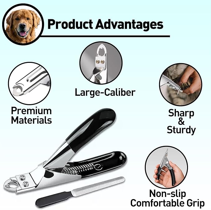 Dog Nail Clippers | Dog Nail Trimmer with Nail File and Safety Guard for Large Breed Dog | Injury-Free Grooming Tool for Pets (Black)