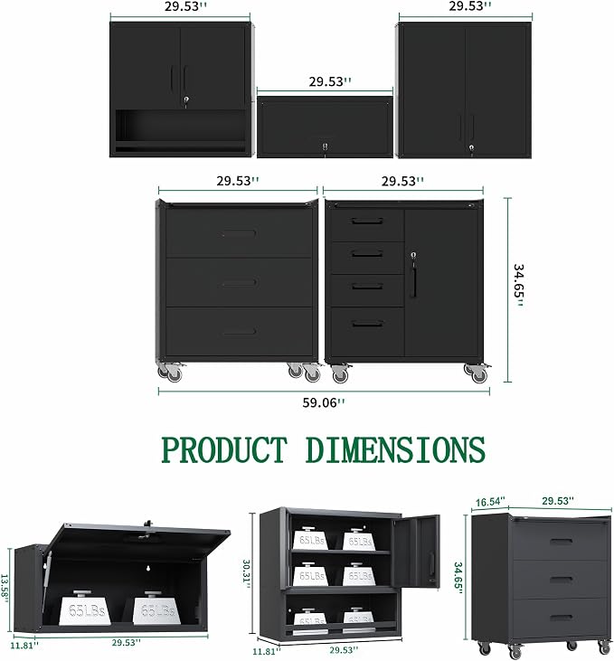 Metal Garage Storage Cabinets System, 5-Pcs Workshop Tool Cabinet Set,Black | Including 3 Pcs Wall Cabinets 2 Pcs Garage Tool Cabinets with Wheels,Assembly Required