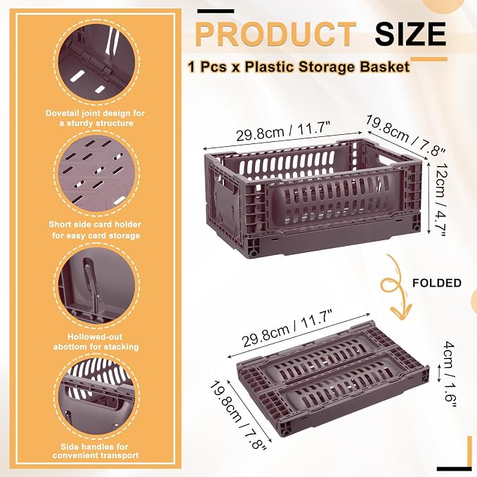 uxcell Collapsible Crates, 11.7x7.8x4.7 Stackable Plastic Storage Baskets with Handle Small Storage Containers for Bedroom Office Classroom Bathroom Desktop Organizer Decor, Brown