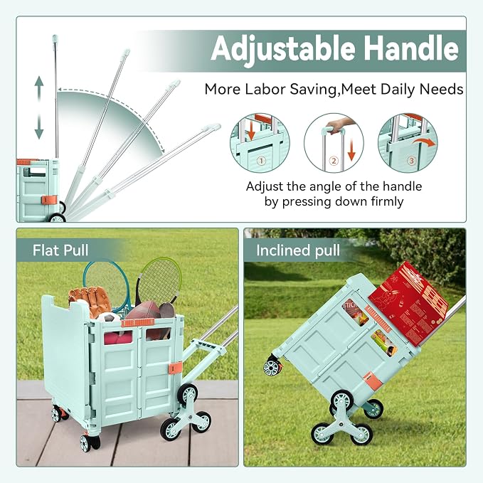 Foldable Utility Cart Portable Crate Rolling Dolly with Telescopic Handle,Can be Pulled diagonally, Magnetic Retractable Lid, 360°Swivel Climbing Wheels for Shopping Carrying Groceries Move Green
