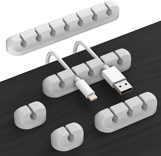 Desk Accessories for Charging Organizer - 5 Packs Grey Computer Desk Accessories and Adhesive Cord Organizer for Cable Holder Cleans Up Messy Wires at Home, Car and Office (7-5-3-1-1 Slots) | Silicone cable management clips self adhesive for nightstand...