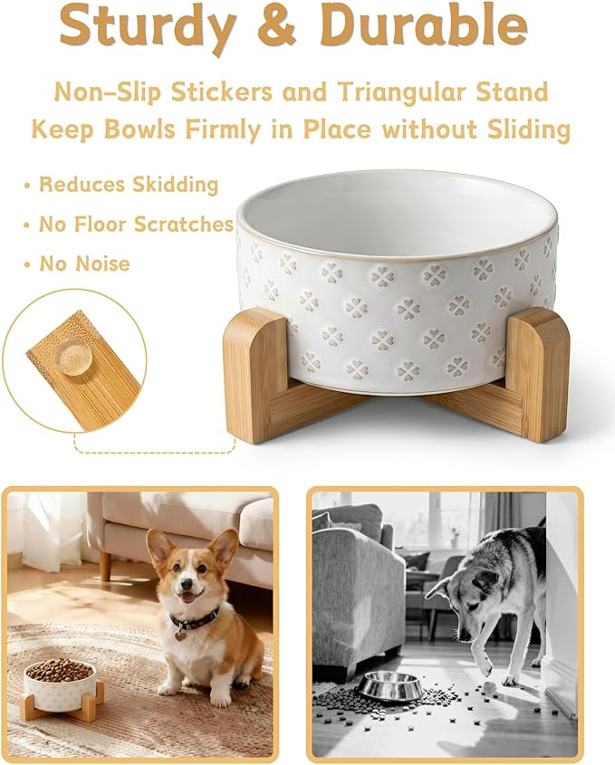 TRUVIC Ceramic Dog Bowl with Wood Stand, Jun Blanc Four-Leaf Clover Relief Dog Food and Water Bowl, 2 Cup/14 oz Puppy Food Bowl for Medium Dogs, Dishwasher Safe, Modern Geometric, Four-Leaf Clover